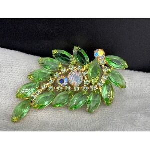 Vintage Green Rhinestone Brooch Gold Tone AB Open Back